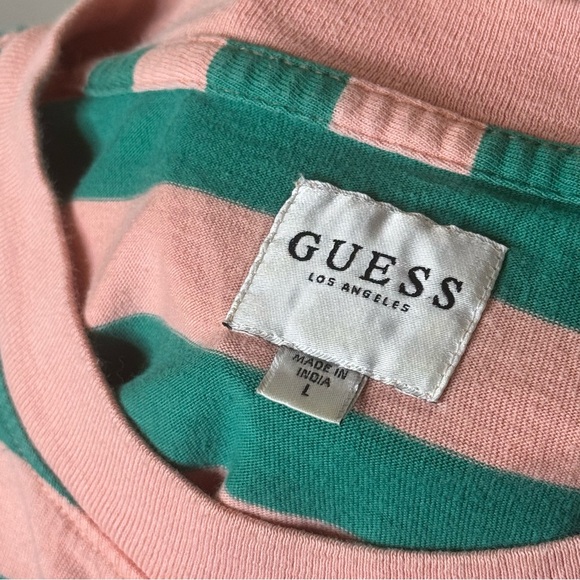 GUESS Men's Striped Tee in Pink and Green - Picture 3 of 3